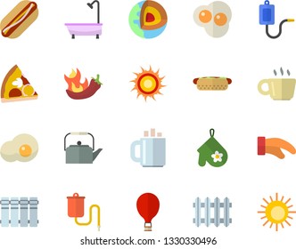 Color flat icon set shower flat vector, heating batteries, teapot, potholder, hot dog, pizza, peppers, scrambled eggs, radiator, medical warmer, coffee, core of the earth fector, balloon, sun