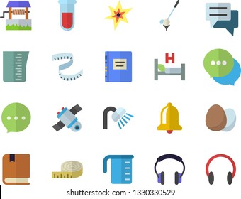 Color flat icon set shower flat vector, meashuring cup, egg, well, chat, blood test, hospital bed, satellit, spark, textbook, centimeter, golf fector, bell, headset