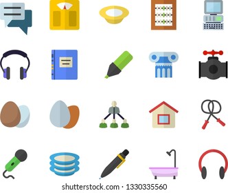Color flat icon set shower flat vector, egg, plates, dish, main pipeline, marker, chat, abacus, hierarchy, pen, computer, textbook, weighing machine, skipping rope, antique column fector, house