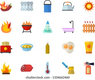 Color flat icon set shower flat vector, heating batteries, hiking pot, teapot, turk, fire, toaster, barbecue, sausage, soup, hot peppers, scrambled eggs, mustard, thermometer, bonfire, radiator