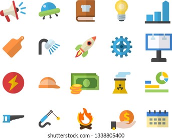 Color flat icon set shower flat vector, hard hat, cutting board, cookbook, saw, bonfire, cogwheel, welding, billboard, chart, cash, investments, statistics, mouthpiece, rocket, bulb, lightning, ufo