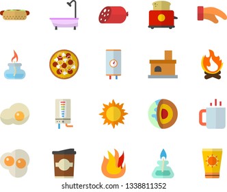 Color Flat Icon Set Shower Flat Vector, Boiler, Potholder, Fire, Toaster, Sausage, Hot Dog, Pizza, Coffe, Tea, Scrambled Eggs, Sun, Bonfire, Fireplace, Gas Burner, Core Of The Earth Fector