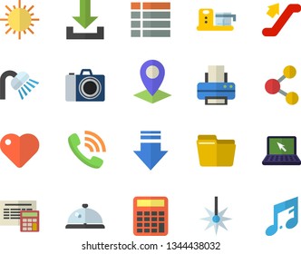 Color flat icon set shower flat vector, calculator, food processor, sun, laser, location, phone call, heart, computer file, printer, laptop, escalator fector, camera, jingle, share, menu, download