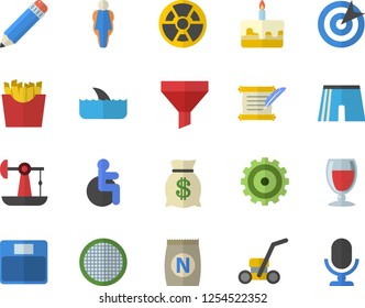 Color flat icon set sieve flat vector, cake, French fries, wine, fertilizer vectory, lawn mower, oil pumping, radiation, funnel, cogwheel, wealth, disabled, target, pencil, hostory roll, size