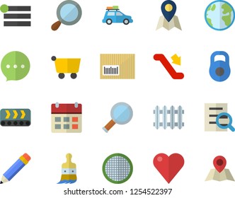 Color flat icon set sieve flat vector, paint brush, earth, conveyor, radiator, grocery trolley, barcode, heart, magnifier, pencil, weight, car fector, escalator, location, menu, calendar, chat