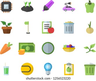 Color flat icon set sieve flat vector, carrot, salad, onion, bell pepper, soda, home plant, planting plants, tree leaf, lamp, electric cars, motherboard, cash, marker, diet, sports flag, tennis ball
