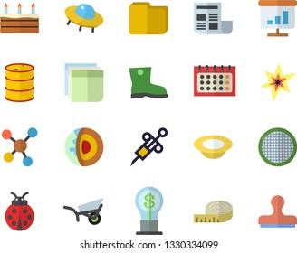 Color flat icon set sieve flat vector, cake, dish, ladybird, garden wheelbarrow, gumboots, oil tanks, idea, calendar, syringe, molecules, chart, document, computer file, sticker, spark, ufo, stamp