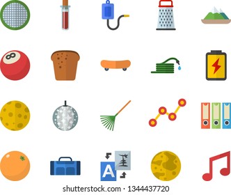 Color flat icon set sieve flat vector, grater, bread, orange, hose, rake, battery, scatter chart, medical warmer, blood test, moon, folders for papers, bowling ball, skateboard, sport bag, mountains