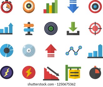 Color flat icon set signboard flat vector, crisis, chart, scatter, clircle diagram, target, lightning, achievement, stopwatch, pointer fector, download, upload