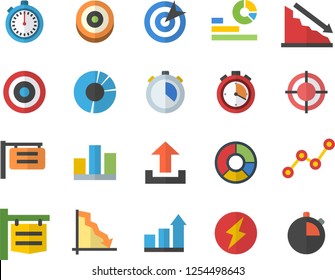 Color flat icon set signboard flat vector, crisis, statistics, scatter chart, statistic, clircle diagram, target, lightning, achievement, stopwatch, upload