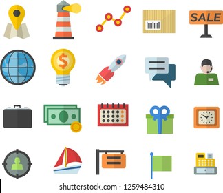 Color flat icon set signboard flat vector, lighthouse, case, location, target audience, rocket, earth, cash, telephone operator, idea, scatter chart, flag, calendar, clock, present, sell out, chat