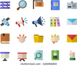 Color flat icon set signboard flat vector, flipchart, mouthpiece, computer file, magnifier, folder, paper tray, mail, satellit, textbook, brainstorm, pass fector, badge, indicate