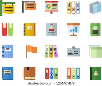 Color flat icon set signboard flat vector, flag, notebook, chart, sticker, folder, book, textbook, folders for papers, pass fector, badge