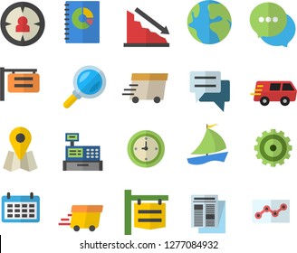 Color flat icon set signboard flat vector, magnifier, location, target audience, cogwheel, earth, crisis, calendar, news, book balance accounting, chat, trucking, express delivery, sailboat, clock
