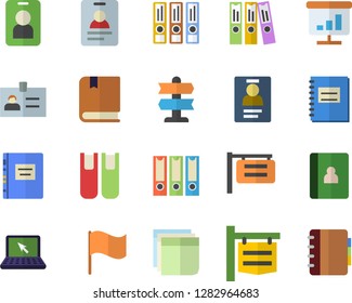 Color flat icon set signboard flat vector, flag, notebook, chart, badge, sticker, folder, laptop, book, textbook, folders for papers, pointer fector, pass