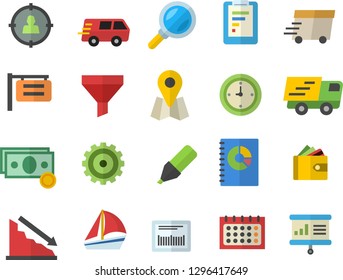 Color flat icon set signboard flat vector, funnel, magnifier, location, target audience, cogwheel, graphic report, crisis, cash, marker, purse, calendar, book balance accounting, trucking, barcode
