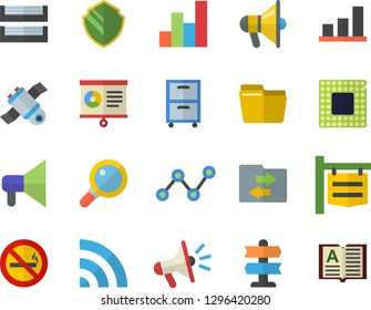 Color flat icon set signboard flat vector, scatter chart, mouthpiece, computer file, paper tray, archive, satellit, cpu, pointer fector, no smoking, security, broadcast, sharing, magnifier, book