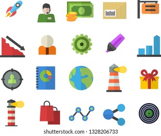 Color flat icon set signboard flat vector, lighthouse, person, target audience, rocket, cogwheel, earth, crisis, chart, cash, marker, molecules, telephone operator, scatter, bags, present, barcode