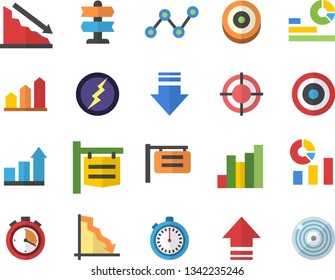 Color flat icon set signboard flat vector, crisis, chart, statistics, scatter, target, lightning, achievement, stopwatch, pointer fector, download, upload