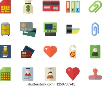 Color flat icon set SIM card flat vector, credit, wealth, heart, badge, archive, folders for papers, indentity fector, hotel first line, cash dispenser, pass, do not disturb, clip, stamp