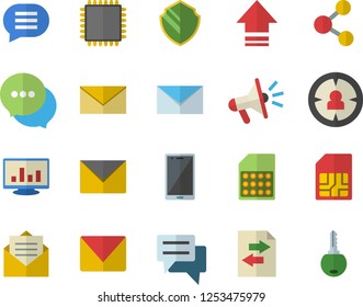 Color flat icon set SIM card flat vector, target audience, mouthpiece, chat, computer chart, mail, cpu, security fector, share, upload, file sharing, message, envelope, mobile, key