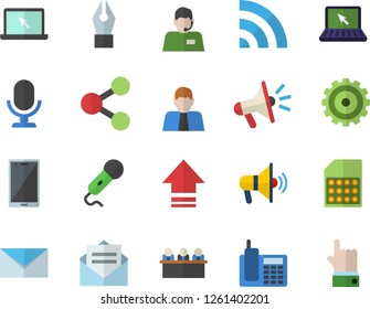 Color flat icon set SIM card flat vector, person, cogwheel, molecules, telephone operator, mouthpiece, ink pen, meeting, laptop, mail, fector, broadcast, upload, message, microphone, mobile