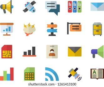 Color flat icon set SIM card flat vector, signboard, chat, chart, folder, archive, mail, satellit, brainstorm, indentity fector, pointer, broadcast, mouthpiece, envelope, book