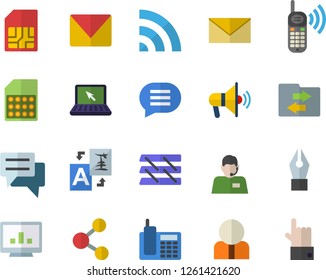 Color flat icon set SIM card flat vector, person, telephone operator, phone call, chat, computer chart, ink pen, paper tray, laptop, mail, mouthpiece fector, share, broadcast, file sharing, envelope