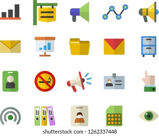 Color flat icon set SIM card flat vector, signboard, scatter chart, mouthpiece, computer file, folder, archive, mail, indentity fector, no smoking, pass, broadcast, badge, envelope, indicate, eye