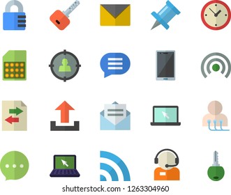 Color flat icon set SIM card flat vector, target audience, telephone operator, diagnostics, laptop, broadcast, upload, file sharing, drawing pin, message, envelope, mobile, clock, lock, chat, key