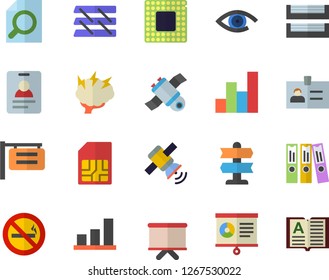 Color flat icon set SIM card flat vector, signboard, flipchart, chart, magnifier, folder, paper tray, satellit, cpu, brainstorm, pointer fector, no smoking, badge, eye, book