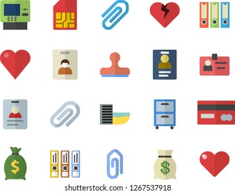 Color flat icon set SIM card flat vector, credit, wealth, heart, clip, badge, archive, folders for papers, indentity fector, hotel first line, cash dispenser, stamp