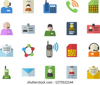 Color flat icon set SIM card flat vector, telephone operator, phone call, molecules, badge, mail, indentity fector, pass, message