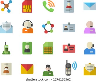 Color flat icon set SIM card flat vector, telephone operator, phone call, molecules, badge, mail, indentity fector, pass, message