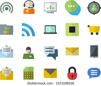 Color flat icon set SIM card flat vector, grocery trolley, target audience, telephone operator, chat, computer chart, laptop, cpu, broadcast, file sharing, message, envelope, mobile, lock