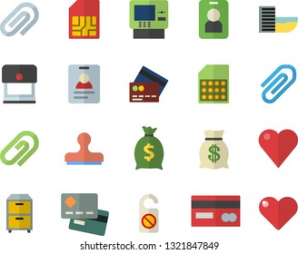 Color flat icon set SIM card flat vector, credit, wealth, heart, clip, archive, hotel first line fector, cash dispenser, pass, do not disturb, badge, stamp