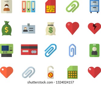 Color flat icon set SIM card flat vector, credit, wealth, heart, clip, archive, folders for papers, indentity fector, cash dispenser, pass, do not disturb, badge