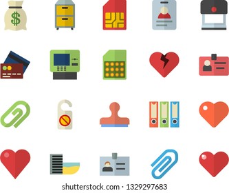 Color flat icon set SIM card flat vector, wealth, heart, clip, badge, archive, folders for papers, hotel first line fector, credit, cash dispenser, do not disturb, stamp