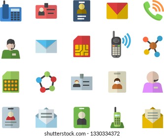 Color flat icon set SIM card flat vector, telephone operator, phone call, molecules, badge, mail, indentity fector, pass, message