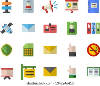Color flat icon set SIM card flat vector, signboard, flipchart, mouthpiece, chart, badge, folder, mail, satellit, textbook, pointer fector, no smoking, security, pass, envelope, indicate, book