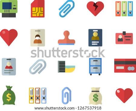 Color flat icon set SIM card flat vector, credit, wealth, heart, clip, badge, archive, folders for papers, indentity fector, hotel first line, cash dispenser, stamp