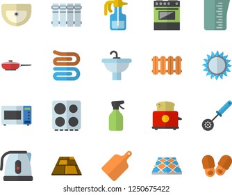 Color flat icon set sink flat vector, flooring, heating batteries, frying pan, meashuring cup, electric kettle, kitchen spoon, towel, cutting board, stove, gas, microwave, toaster, pulverizer