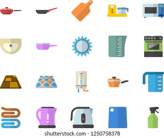 Color flat icon set sink flat vector, flooring, boiler, frying pan, saute, meashuring cup, electric kettle, towel, cutting board, stove, gas, microwave, food processor, pulverizer