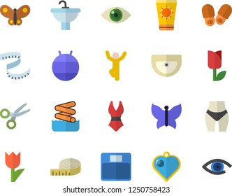 Color flat icon set sink flat vector, tulip, butterflies, weighing machine, centimeter, waistline, fitball, swimsuit, gymnastics, sun protection cream fector, aquapark, slippers, heart pendant, eye