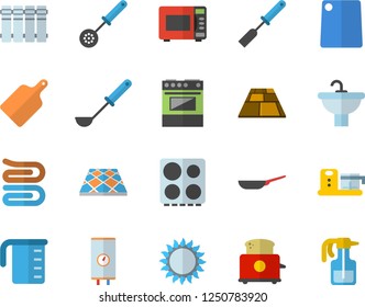 Color flat icon set sink flat vector, flooring, heating batteries, boiler, frying pan, meashuring cup, ladle, kitchen spatula, spoon, towel, cutting board, electric stove, gas, microwave, toaster