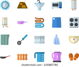 Color flat icon set sink flat vector, flooring, heating batteries, boiler, frying pan, saute, meashuring cup, electric kettle, kitchen spoon, towel, cutting board, stove, gas, microwave