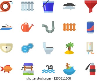 Color flat icon set sink flat vector, toilet, pipes, heating batteries, boiler, fish, lemonade, well, hose, watering can, bucketful, pond, funnel, pool, island fector, surfing, water scooter