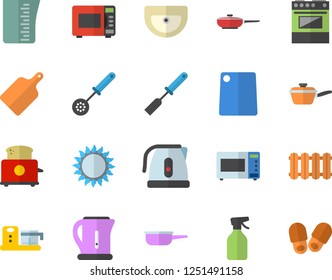 Color flat icon set sink flat vector, heating batteries, frying pan, saute, meashuring cup, electric kettle, kitchen spatula, spoon, cutting board, stove, gas, microwave, toaster, food processor