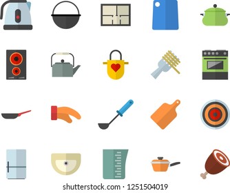 Color flat icon set sink flat vector, house layout, saucepan, frying pan, cauldron, saute, meashuring cup, teapot, electric kettle, apron, potholder, ladle, cutting board, stove, induction cooker