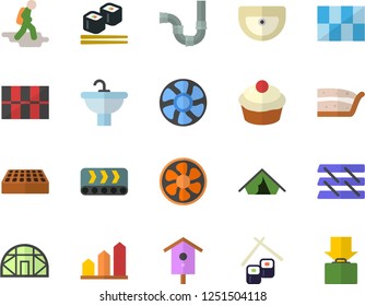 Color flat icon set sink flat vector, pipes, tile, brick, cupcake, piece of cake, fish rolls, nesting box, greenhouse, ventilation, conveyor, paper tray, achievement chart, hike vector, tent